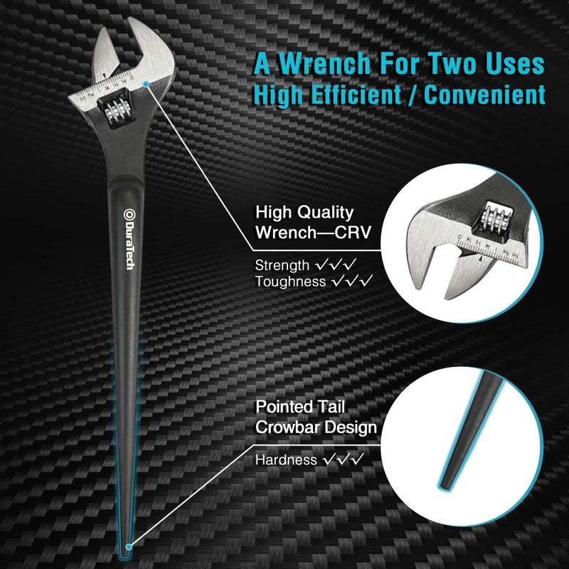DURATECH 12-Inch Adjustable Construction Spud Wrench, Black Oxide Finish, CR-V Steel, SAE and Metric Scale Marked, Alignment Holes and Tail Crowbar Features - Image 3